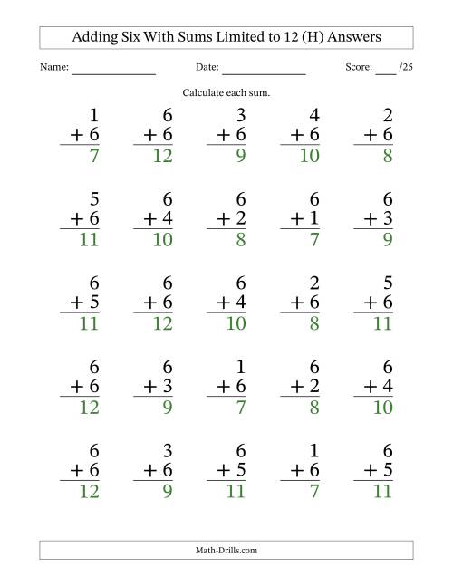 The Adding Six to Single-Digit Numbers With Sums Limited to 12 – 25 Large Print Questions (H) Math Worksheet Page 2
