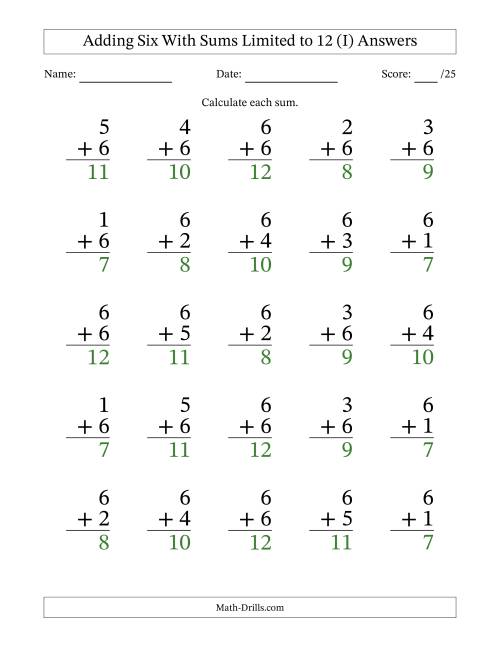 The 25 Vertical Adding 6's Questions with Sums up to 12 (I) Math Worksheet Page 2
