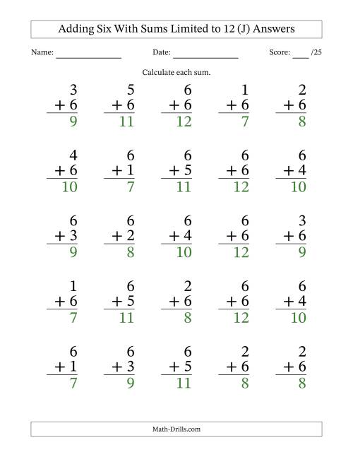 The 25 Vertical Adding 6's Questions with Sums up to 12 (J) Math Worksheet Page 2