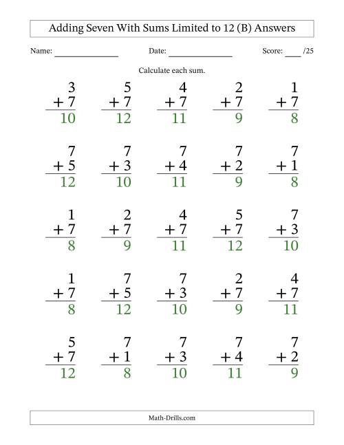 The 25 Vertical Adding 7's Questions with Sums up to 12 (B) Math Worksheet Page 2
