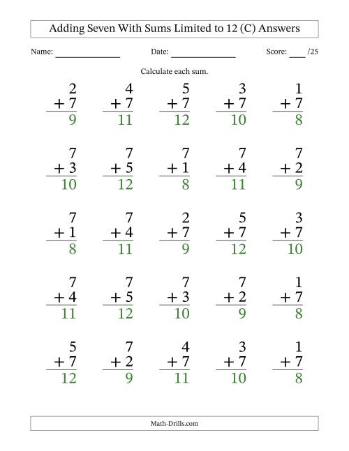 The Adding Seven to Single-Digit Numbers With Sums Limited to 12 – 25 Large Print Questions (C) Math Worksheet Page 2