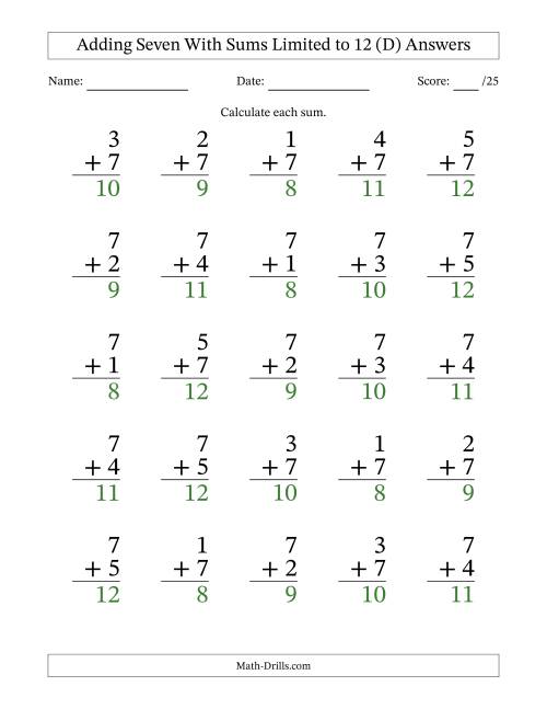 The Adding Seven to Single-Digit Numbers With Sums Limited to 12 – 25 Large Print Questions (D) Math Worksheet Page 2
