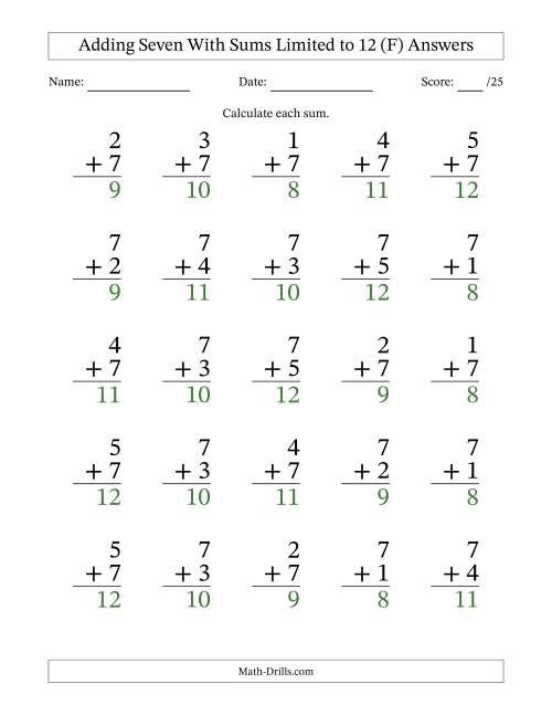 The Adding Seven to Single-Digit Numbers With Sums Limited to 12 – 25 Large Print Questions (F) Math Worksheet Page 2