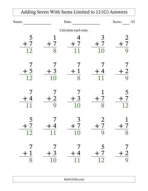 The Adding Seven to Single-Digit Numbers With Sums Limited to 12 – 25 Large Print Questions (G) Math Worksheet Page 2