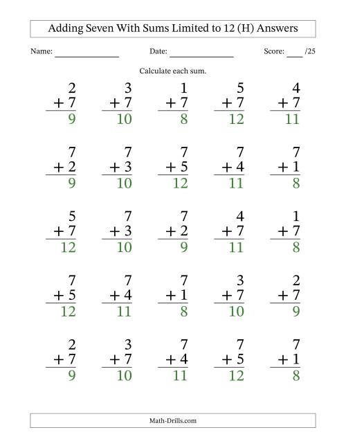 The 25 Vertical Adding 7's Questions with Sums up to 12 (H) Math Worksheet Page 2