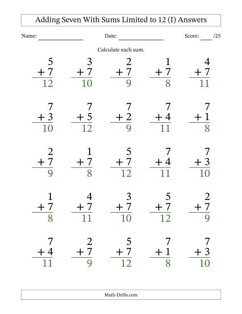 The Adding Seven to Single-Digit Numbers With Sums Limited to 12 – 25 Large Print Questions (I) Math Worksheet Page 2