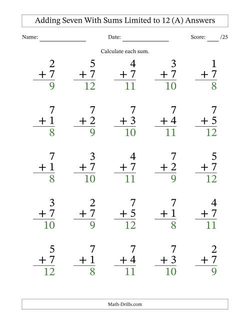 The Adding Seven to Single-Digit Numbers With Sums Limited to 12 – 25 Large Print Questions (All) Math Worksheet Page 2
