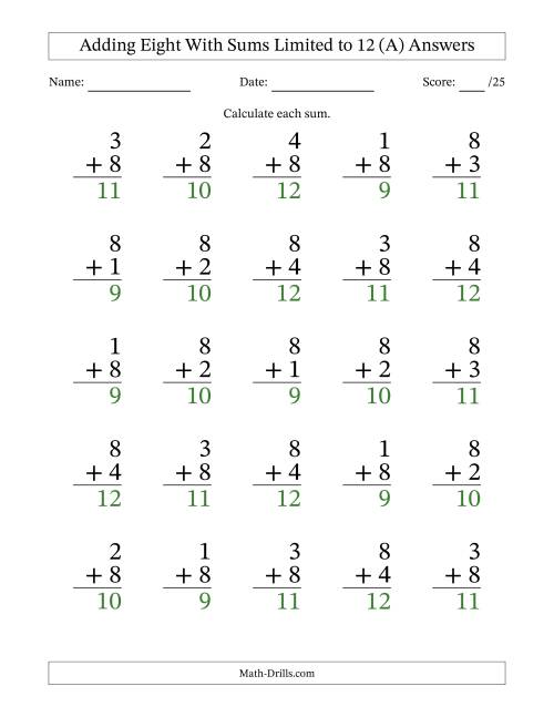 The 25 Vertical Adding 8's Questions with Sums up to 12 (A) Math Worksheet Page 2