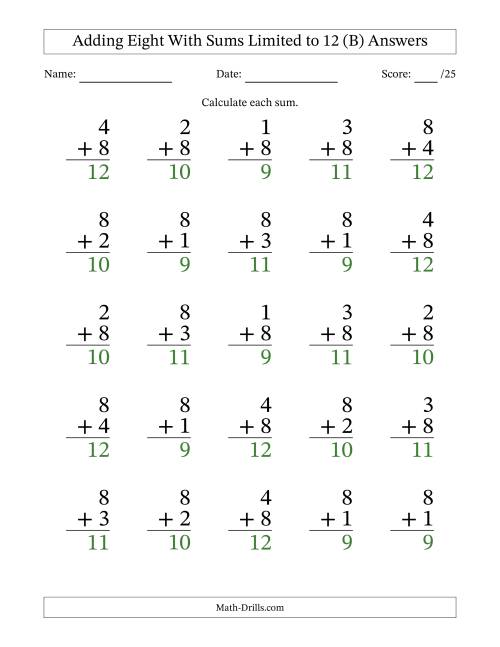 The Adding Eight to Single-Digit Numbers With Sums Limited to 12 – 25 Large Print Questions (B) Math Worksheet Page 2