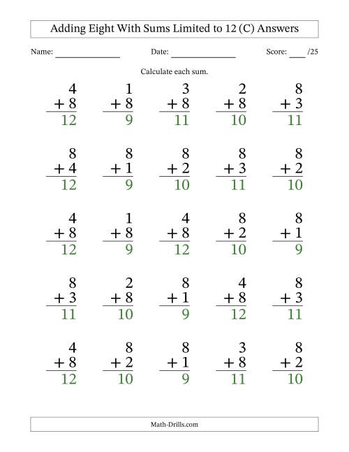 The Adding Eight to Single-Digit Numbers With Sums Limited to 12 – 25 Large Print Questions (C) Math Worksheet Page 2
