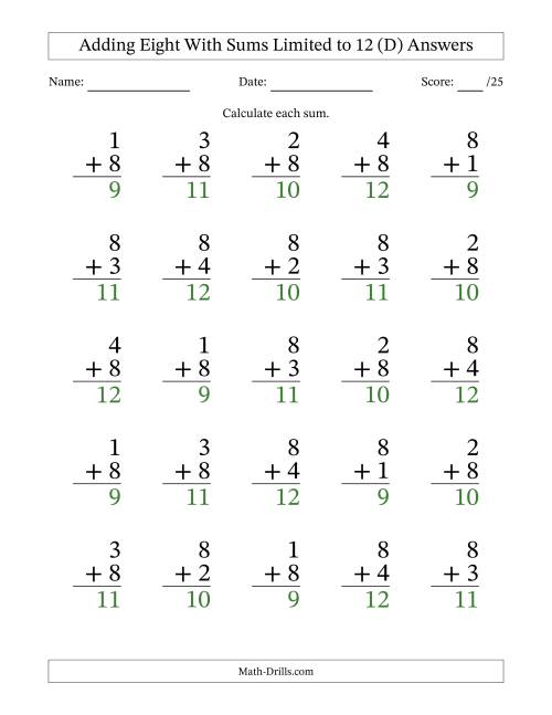The 25 Vertical Adding 8's Questions with Sums up to 12 (D) Math Worksheet Page 2