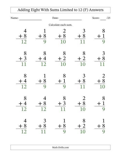 The 25 Vertical Adding 8's Questions with Sums up to 12 (F) Math Worksheet Page 2