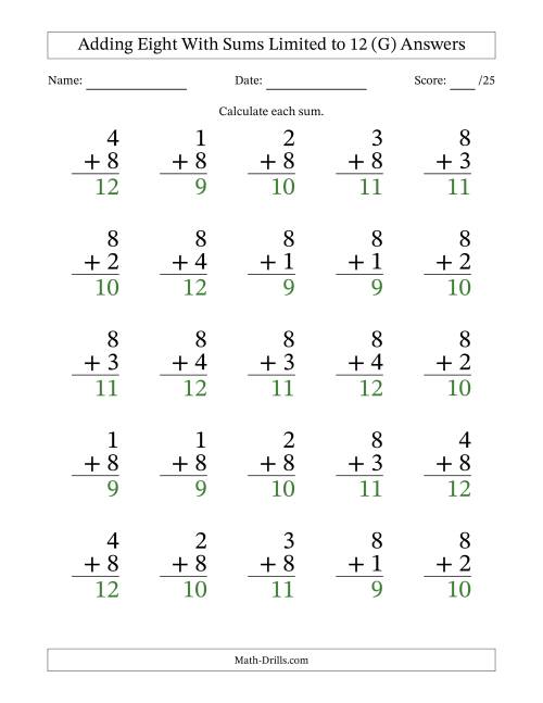 The 25 Vertical Adding 8's Questions with Sums up to 12 (G) Math Worksheet Page 2