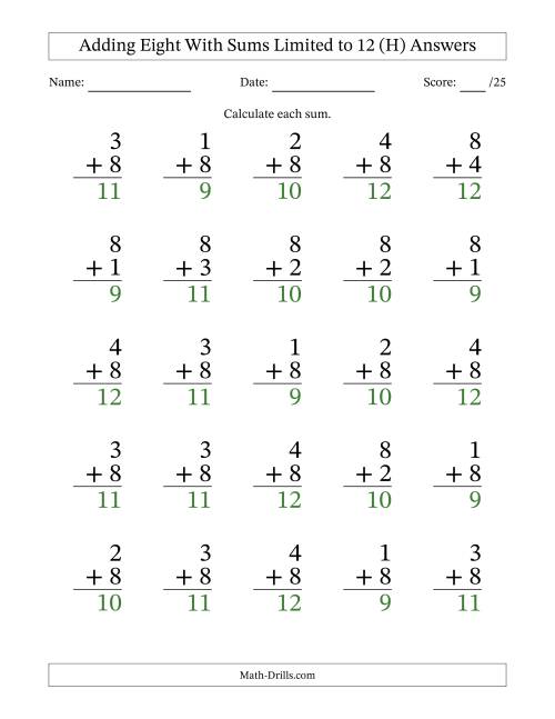The 25 Vertical Adding 8's Questions with Sums up to 12 (H) Math Worksheet Page 2