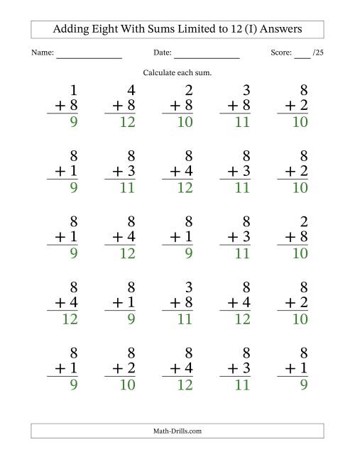 The 25 Vertical Adding 8's Questions with Sums up to 12 (I) Math Worksheet Page 2