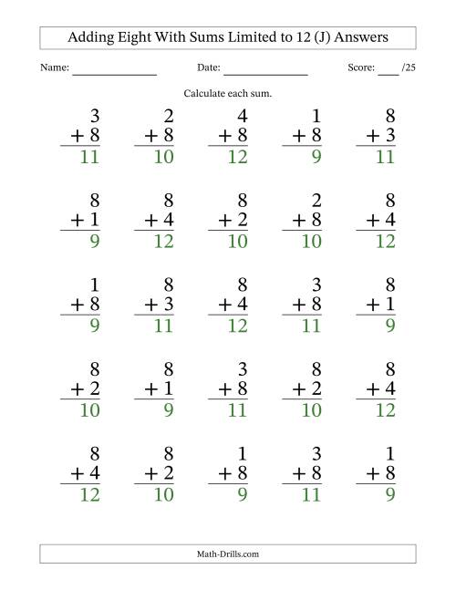 The Adding Eight to Single-Digit Numbers With Sums Limited to 12 – 25 Large Print Questions (J) Math Worksheet Page 2