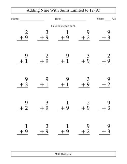 The Adding Nine to Single-Digit Numbers With Sums Limited to 12 – 25 Large Print Questions (A) Math Worksheet