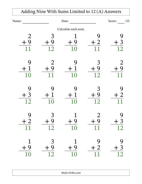 The 25 Vertical Adding 9's Questions with Sums up to 12 (A) Math Worksheet Page 2
