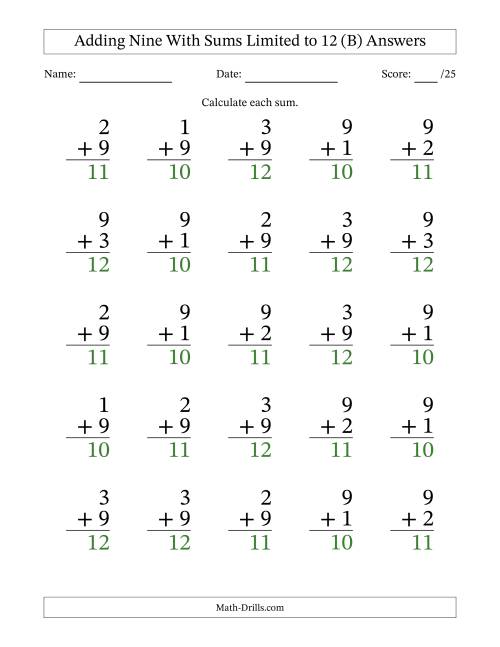 The Adding Nine to Single-Digit Numbers With Sums Limited to 12 – 25 Large Print Questions (B) Math Worksheet Page 2