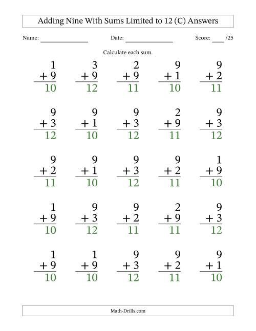 The Adding Nine to Single-Digit Numbers With Sums Limited to 12 – 25 Large Print Questions (C) Math Worksheet Page 2