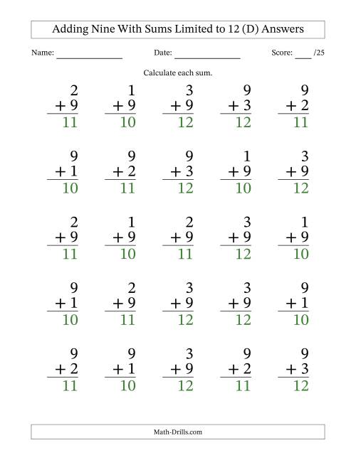 The Adding Nine to Single-Digit Numbers With Sums Limited to 12 – 25 Large Print Questions (D) Math Worksheet Page 2