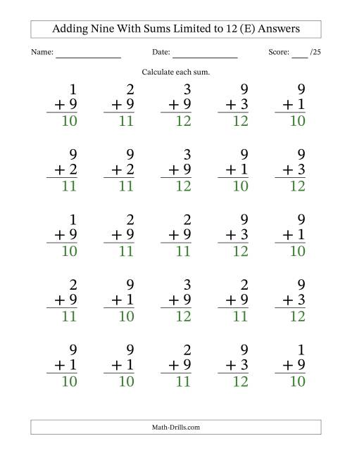 The Adding Nine to Single-Digit Numbers With Sums Limited to 12 – 25 Large Print Questions (E) Math Worksheet Page 2