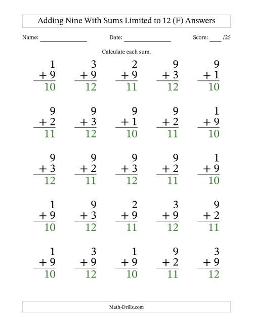 The Adding Nine to Single-Digit Numbers With Sums Limited to 12 – 25 Large Print Questions (F) Math Worksheet Page 2