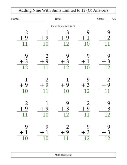 The Adding Nine to Single-Digit Numbers With Sums Limited to 12 – 25 Large Print Questions (G) Math Worksheet Page 2