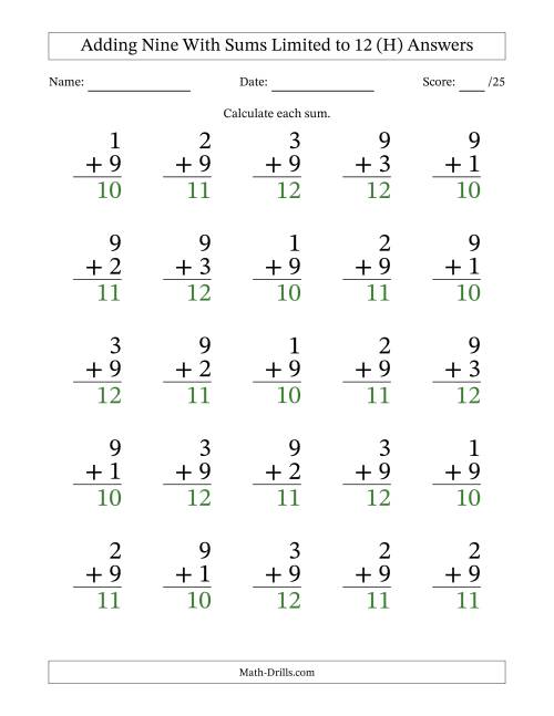 The Adding Nine to Single-Digit Numbers With Sums Limited to 12 – 25 Large Print Questions (H) Math Worksheet Page 2