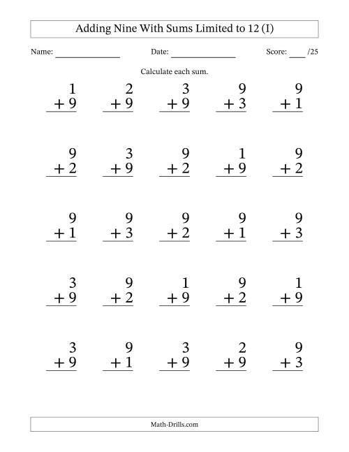 The Adding Nine to Single-Digit Numbers With Sums Limited to 12 – 25 Large Print Questions (I) Math Worksheet