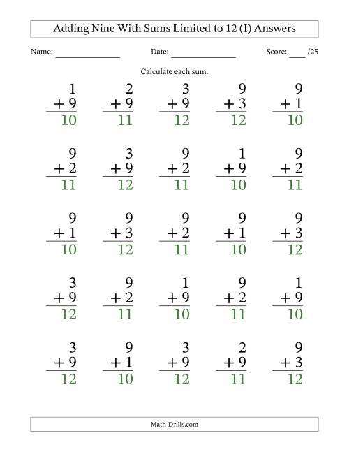 The Adding Nine to Single-Digit Numbers With Sums Limited to 12 – 25 Large Print Questions (I) Math Worksheet Page 2