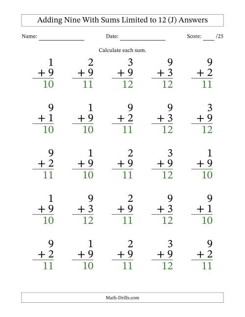 The Adding Nine to Single-Digit Numbers With Sums Limited to 12 – 25 Large Print Questions (J) Math Worksheet Page 2