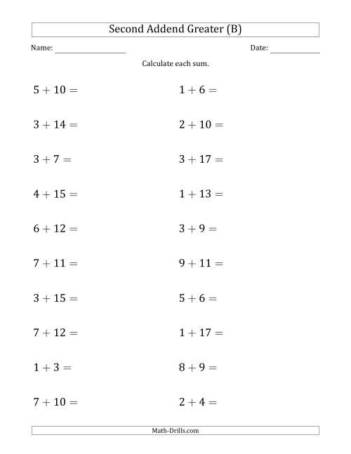 The Horizontal Addition With Sums to 20 and a Greater Second Addend (B) Math Worksheet