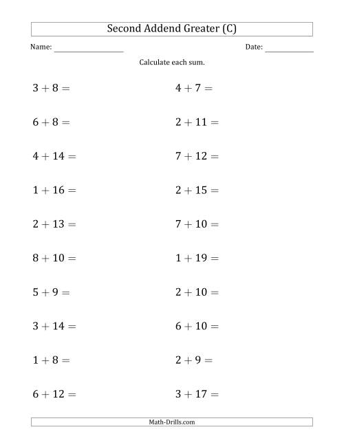 The Horizontal Addition With Sums to 20 and a Greater Second Addend (C) Math Worksheet