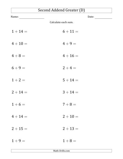 The Horizontal Addition With Sums to 20 and a Greater Second Addend (D) Math Worksheet