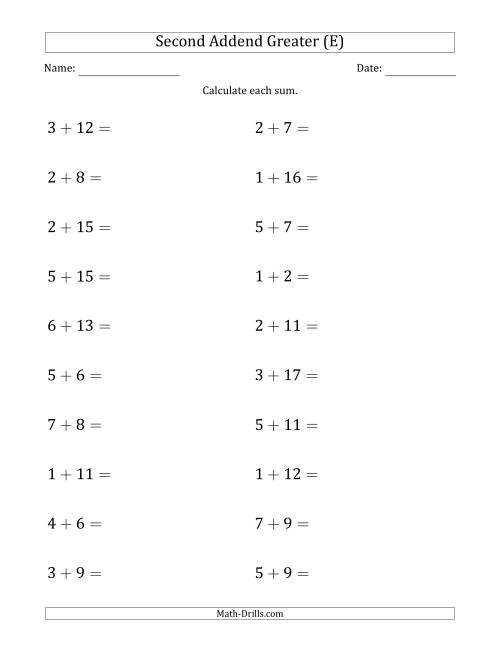 The Horizontal Addition With Sums to 20 and a Greater Second Addend (E) Math Worksheet