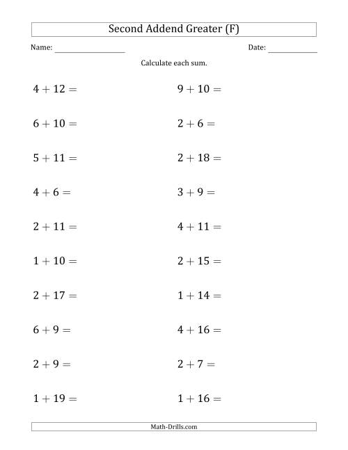 The Horizontal Addition With Sums to 20 and a Greater Second Addend (F) Math Worksheet