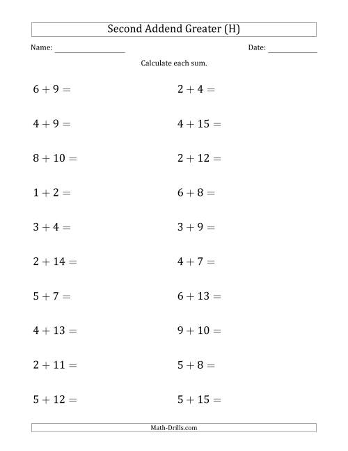 The Horizontal Addition With Sums to 20 and a Greater Second Addend (H) Math Worksheet