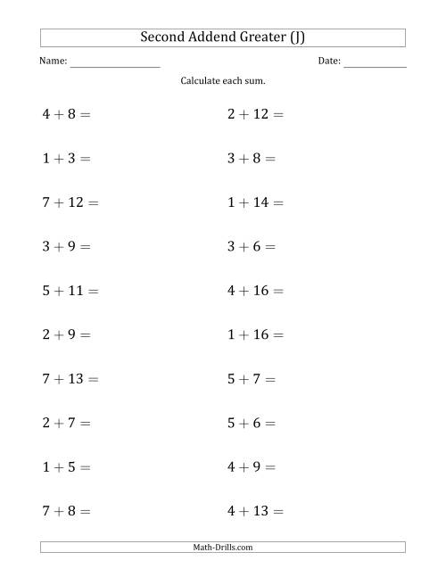 The Horizontal Addition With Sums to 20 and a Greater Second Addend (J) Math Worksheet