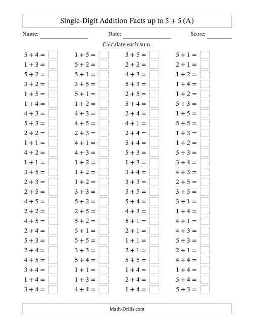 The Single Digit Addition -- 100 Horizontal Questions -- Up to 5 + 5 (A) Math Worksheet