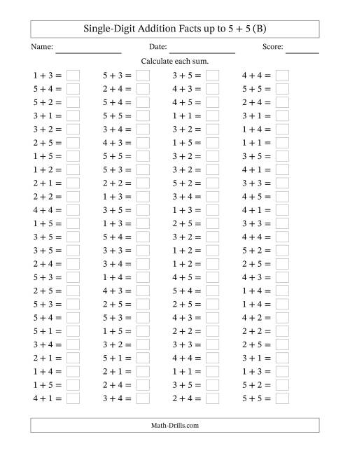 The Horizontally Arranged Single-Digit Addition Facts up to 5 + 5 (100 Questions) (B) Math Worksheet