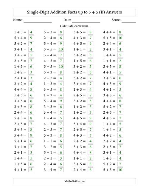 The Horizontally Arranged Single-Digit Addition Facts up to 5 + 5 (100 Questions) (B) Math Worksheet Page 2