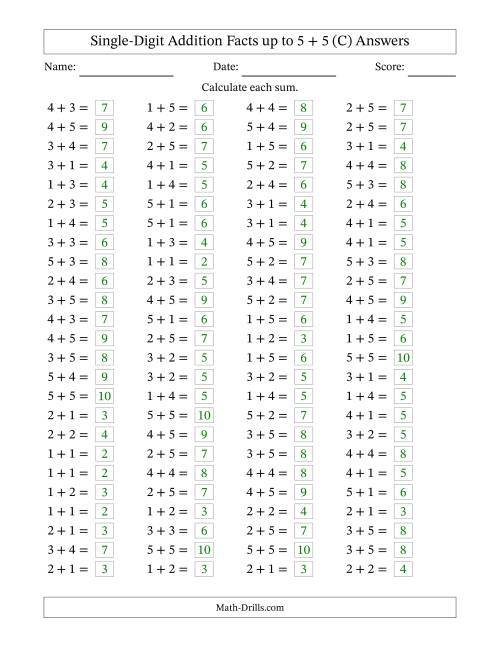 The Horizontally Arranged Single-Digit Addition Facts up to 5 + 5 (100 Questions) (C) Math Worksheet Page 2