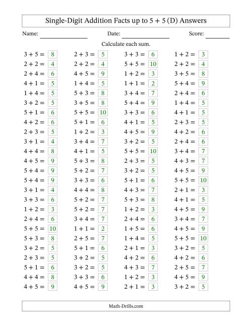 The Horizontally Arranged Single-Digit Addition Facts up to 5 + 5 (100 Questions) (D) Math Worksheet Page 2