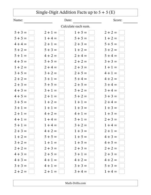 The Horizontally Arranged Single-Digit Addition Facts up to 5 + 5 (100 Questions) (E) Math Worksheet
