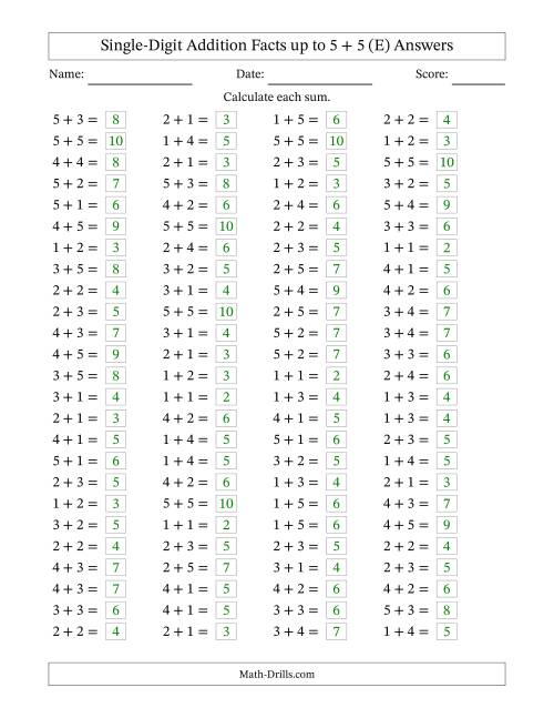 The Horizontally Arranged Single-Digit Addition Facts up to 5 + 5 (100 Questions) (E) Math Worksheet Page 2