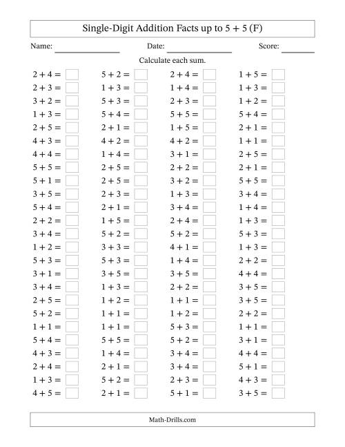 The Horizontally Arranged Single-Digit Addition Facts up to 5 + 5 (100 Questions) (F) Math Worksheet