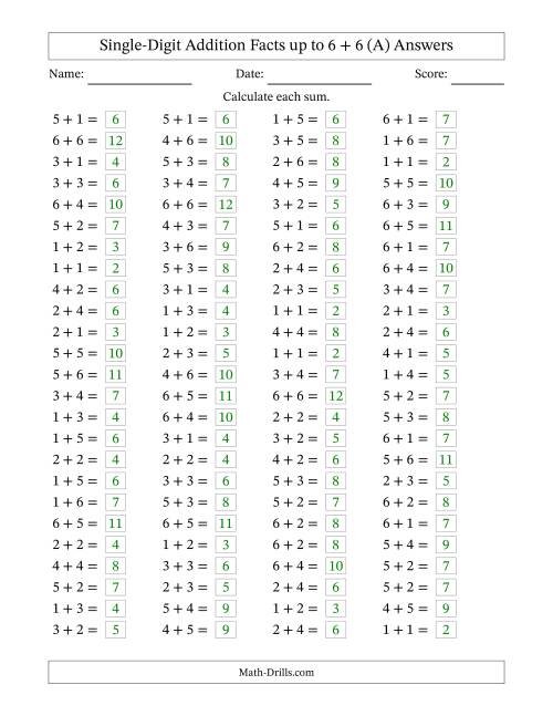 The Single Digit Addition -- 100 Horizontal Questions -- Up to 6 + 6 (A) Math Worksheet Page 2