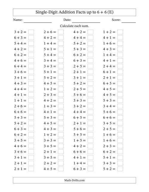 The Horizontally Arranged Single-Digit Addition Facts up to 6 + 6 (100 Questions) (E) Math Worksheet