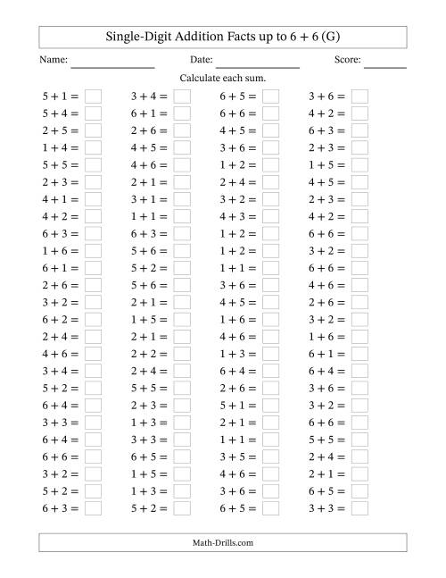 The Horizontally Arranged Single-Digit Addition Facts up to 6 + 6 (100 Questions) (G) Math Worksheet